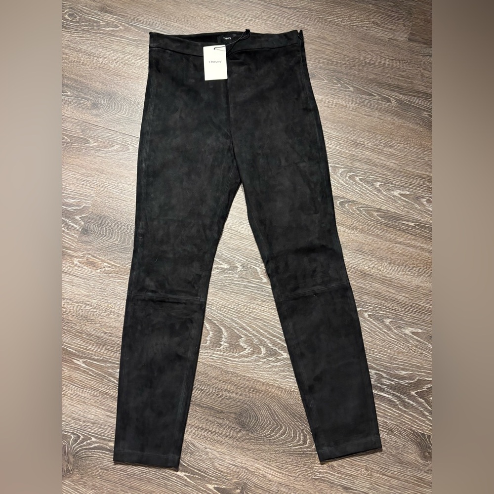 NWT THEORY Baby Goat Black Suede Side Zip Straight Leg Pants, size 8